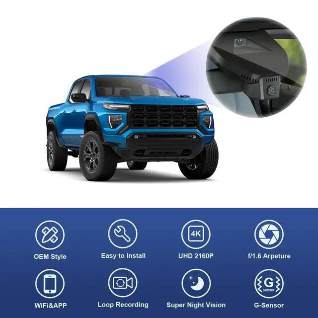 Alt view image 2 of 6 - 4K Dash Cam Suitable for GMC Canyon 2023-2026 AT4 AT4X Elevation Denali (Has Auto-Dimming), OEM Factory Look, 2160P UHD Video, WiFi & APP, Loop Recording, G-Sensor, Plug & Play, 64GB Card