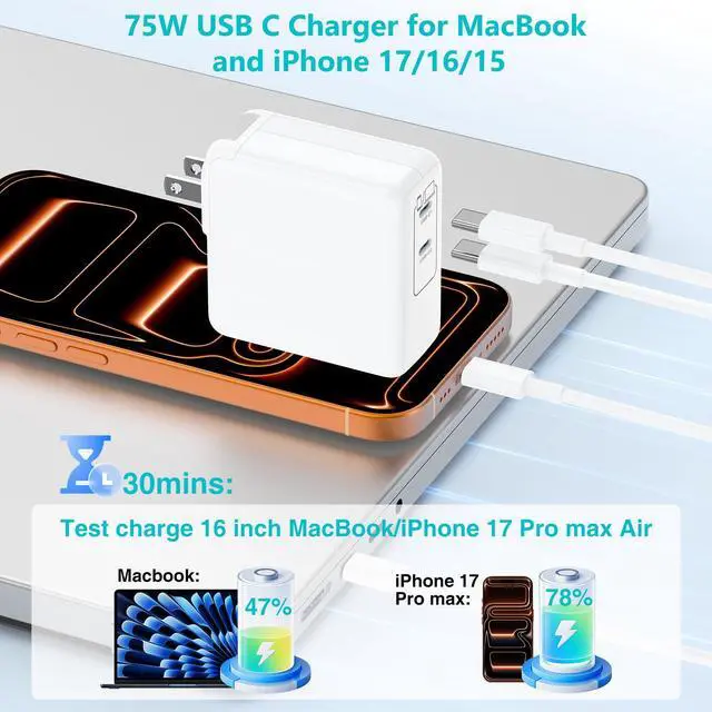 Alt view image 2 of 7 - USB C MacBook Charger for MacBook Pro/MacBook Air 16 15 14 13 Inch 2025 2024 2023 2022 2021 2020 2019 M5 M4 M3 M2 M1,2Pack 75W USBC Laptop Power Adapter with 3+6+6+10ft USBC Cable for iPhone 17/16/15
