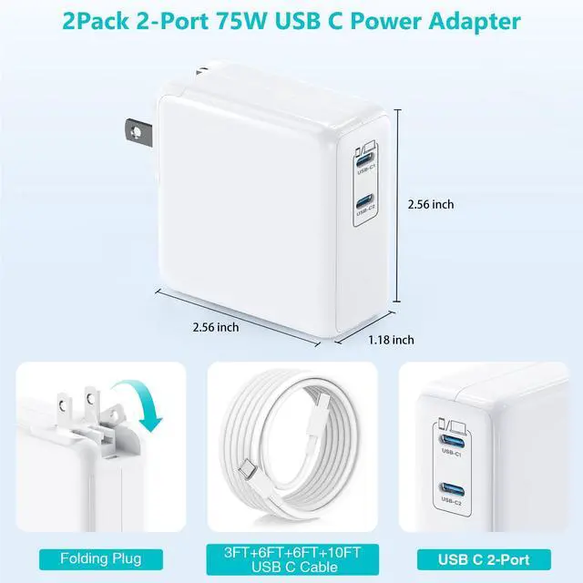 Alt view image 3 of 7 - USB C MacBook Charger for MacBook Pro/MacBook Air 16 15 14 13 Inch 2025 2024 2023 2022 2021 2020 2019 M5 M4 M3 M2 M1,2Pack 75W USBC Laptop Power Adapter with 3+6+6+10ft USBC Cable for iPhone 17/16/15