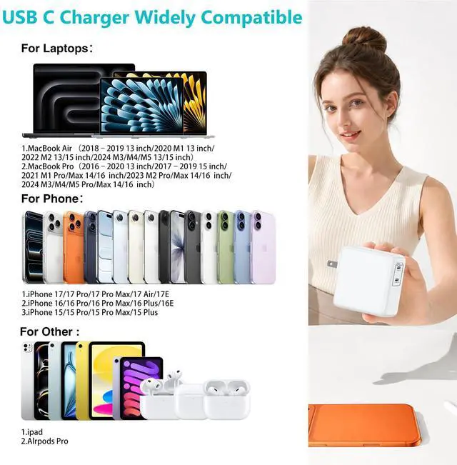 Alt view image 6 of 7 - USB C MacBook Charger for MacBook Pro/MacBook Air 16 15 14 13 Inch 2025 2024 2023 2022 2021 2020 2019 M5 M4 M3 M2 M1,2Pack 75W USBC Laptop Power Adapter with 3+6+6+10ft USBC Cable for iPhone 17/16/15