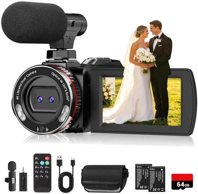 Main image of 4K Wedding Camcorder, 64MP UHD Vlogging Camera with Wireless Lavalier Microphone, 120° Wide Angle 18X Digital Zoom, Remote, 64GB Card & 2 Batteries, for Family Wedding Memories