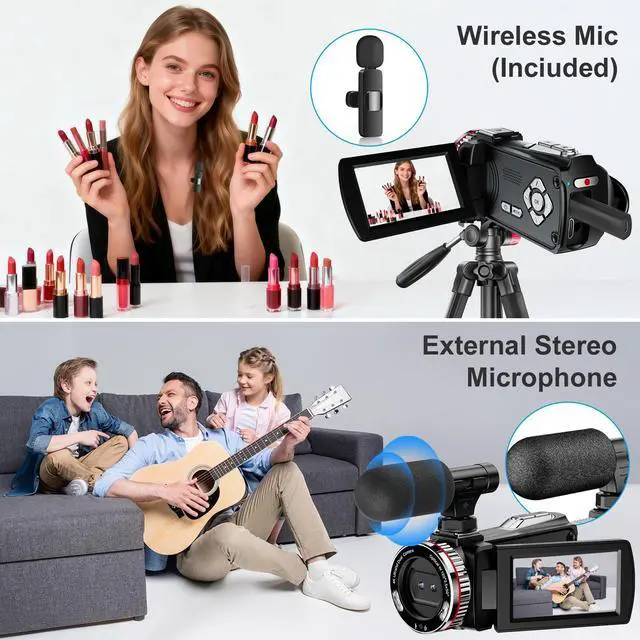 Alt view image 2 of 7 - 4K Wedding Camcorder, 64MP UHD Vlogging Camera with Wireless Lavalier Microphone, 120° Wide Angle 18X Digital Zoom, Remote, 64GB Card & 2 Batteries, for Family Wedding Memories