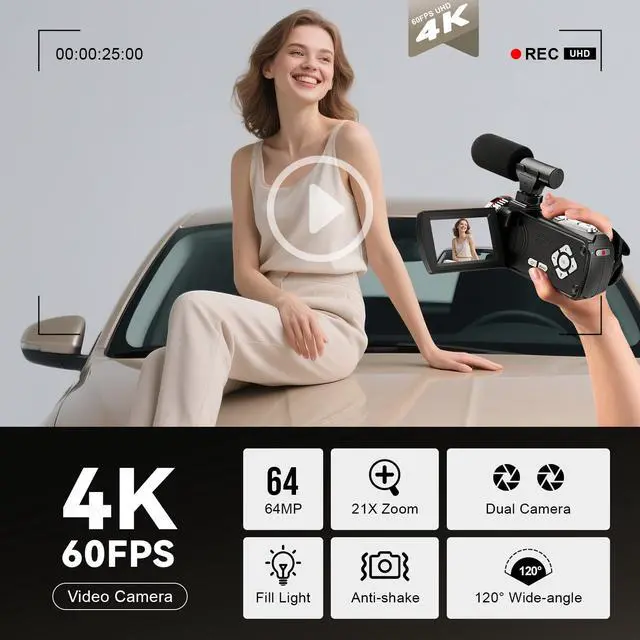 Alt view image 3 of 7 - 4K Wedding Camcorder, 64MP UHD Vlogging Camera with Wireless Lavalier Microphone, 120° Wide Angle 18X Digital Zoom, Remote, 64GB Card & 2 Batteries, for Family Wedding Memories