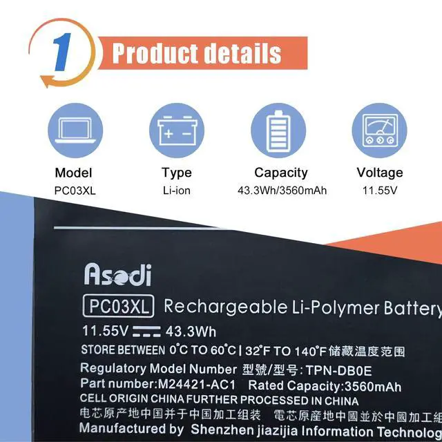 Alt view image 2 of 6 - PC03XL Laptop Battery Replacement for HP Pavilion x360 14 Convertible PC 14-DW 14-DY 14-DH 14-BA 14-CD 15-ER Series Notebook M24648-005 HSTNN-OB1W M24421-271 M24421-AC1 11.55V 43.3Wh 3560mAh