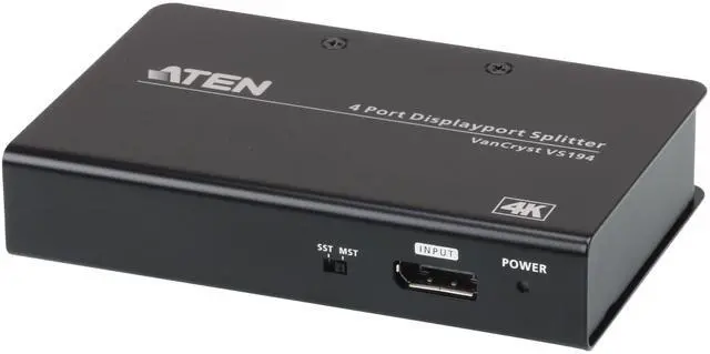 Main image of VS194 4-Port True 4K DisplayPort Splitter SST Split or MST Extended Display - Connect 1 DP Source to 4 Display Port Computer Monitor - TAA Compliant - Metal