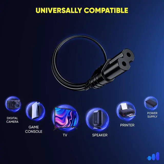 Alt view image 5 of 7 - 2-Prong TV Power Cord 3ft, 360° Rotating Flat Plug, UL Certified, Non-Polarized, Compatible with Samsung, LG, Sony, TCL, Hisense, and More LED LCD Smart TVs, Black