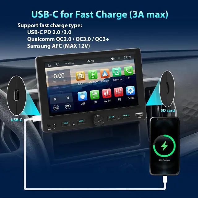 Alt view image 3 of 7 - Single Din Car Touchscreen Radio with Wireless CarPlay | 7" Adjustable Screen Android Auto Bluetooth Type-C USB (3A Fast Charge) Backup Camera AUX SD Car Stereo with Knob Headunit