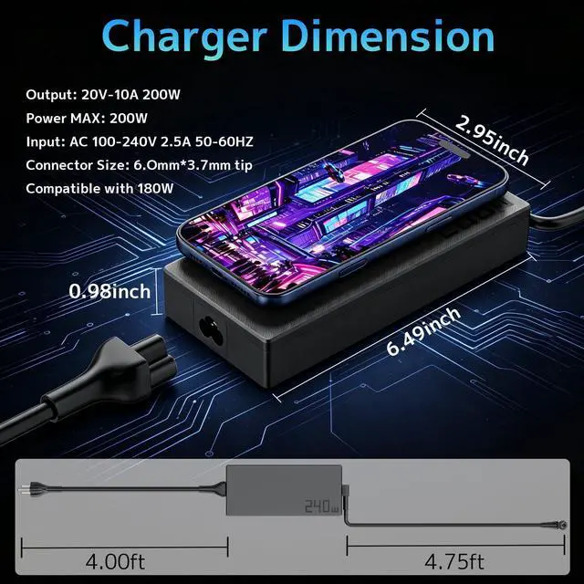 Alt view image 4 of 7 - 200W ADP-200JB D Laptop Charger Fit for Asus Zephyrus TUF Strix Vivobook | AC Adapter Zephyrus G15 GA503 GA503QM GA503QR GA503QS GA503RM TUF A15 F15 F17 ROG Strix G15 G17 Zenbook Vivobook Power Supply