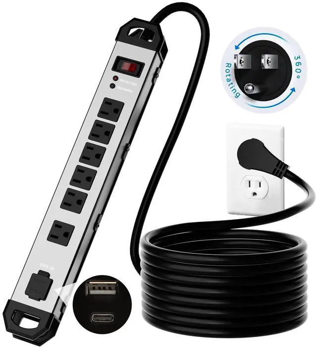 Main image of Heavy Duty Metal Power Strip Surge Protector 2100J, 6 Outlets & 2 USB, 15A Circuit Breaker, 6ft Power Cord, 360° Rotating Flat Plug, Wall Mountable for Garage Workshop Industrial, ETL Listed, Silver