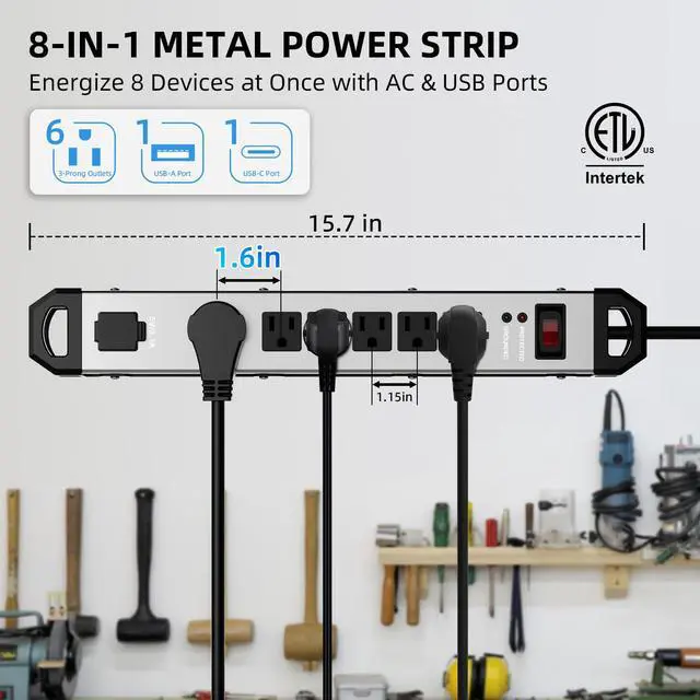 Alt view image 2 of 7 - Heavy Duty Metal Power Strip Surge Protector 2100J, 6 Outlets & 2 USB, 15A Circuit Breaker, 6ft Power Cord, 360° Rotating Flat Plug, Wall Mountable for Garage Workshop Industrial, ETL Listed, Silver