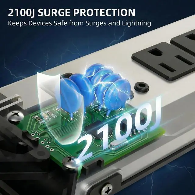 Alt view image 4 of 7 - Heavy Duty Metal Power Strip Surge Protector 2100J, 6 Outlets & 2 USB, 15A Circuit Breaker, 6ft Power Cord, 360° Rotating Flat Plug, Wall Mountable for Garage Workshop Industrial, ETL Listed, Silver