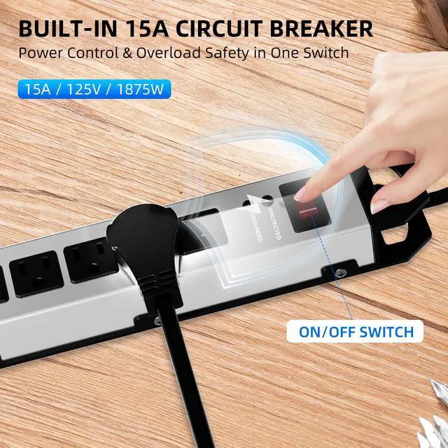 Alt view image 5 of 7 - Heavy Duty Metal Power Strip Surge Protector 2100J, 6 Outlets & 2 USB, 15A Circuit Breaker, 6ft Power Cord, 360° Rotating Flat Plug, Wall Mountable for Garage Workshop Industrial, ETL Listed, Silver