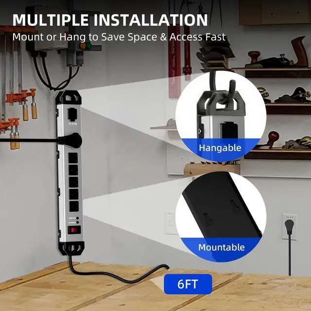 Alt view image 6 of 7 - Heavy Duty Metal Power Strip Surge Protector 2100J, 6 Outlets & 2 USB, 15A Circuit Breaker, 6ft Power Cord, 360° Rotating Flat Plug, Wall Mountable for Garage Workshop Industrial, ETL Listed, Silver