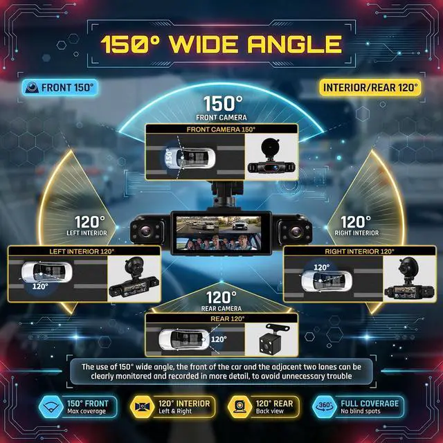 Alt view image 2 of 7 - 4 Channel Dash Cam Front Rear Inside and Left Right, 1080P FHD Car Camera, 3.16 Inch Intelligent Exposure Compensation, Loop Recording, Wide Angle, Reverse Assistance, Easy Installation