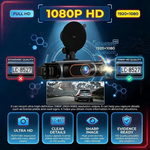 Alt view image 3 of 7 - 4 Channel Dash Cam Front Rear Inside and Left Right, 1080P FHD Car Camera, 3.16 Inch Intelligent Exposure Compensation, Loop Recording, Wide Angle, Reverse Assistance, Easy Installation