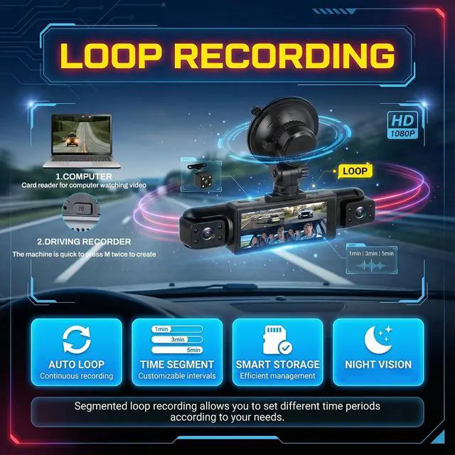 Alt view image 4 of 7 - 4 Channel Dash Cam Front Rear Inside and Left Right, 1080P FHD Car Camera, 3.16 Inch Intelligent Exposure Compensation, Loop Recording, Wide Angle, Reverse Assistance, Easy Installation