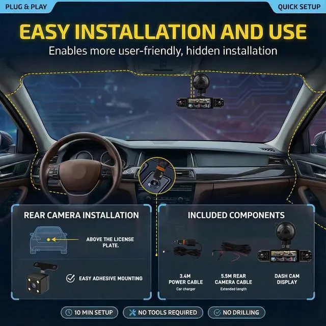 Alt view image 7 of 7 - 4 Channel Dash Cam Front Rear Inside and Left Right, 1080P FHD Car Camera, 3.16 Inch Intelligent Exposure Compensation, Loop Recording, Wide Angle, Reverse Assistance, Easy Installation