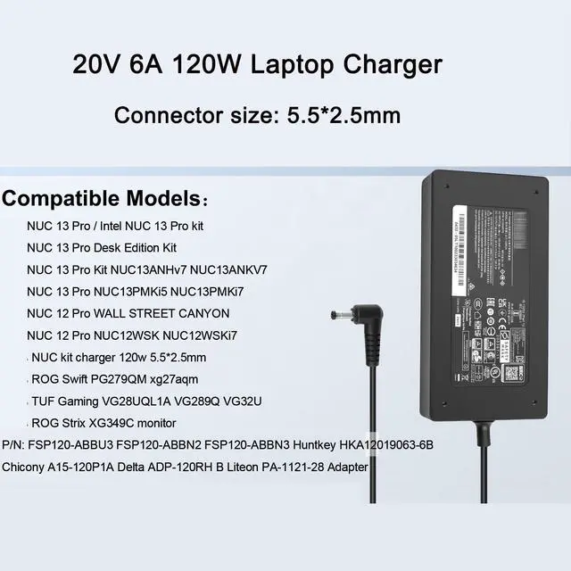 Alt view image 3 of 5 - 20V 6A 120W Charger Compatible with ASUS Intel NUC 14 13 12 Pro NUC13VYKi7 ROG Swift PG279QM ROG Strix XG349C Gaming VG289Q VG32U Monitor Power Cord