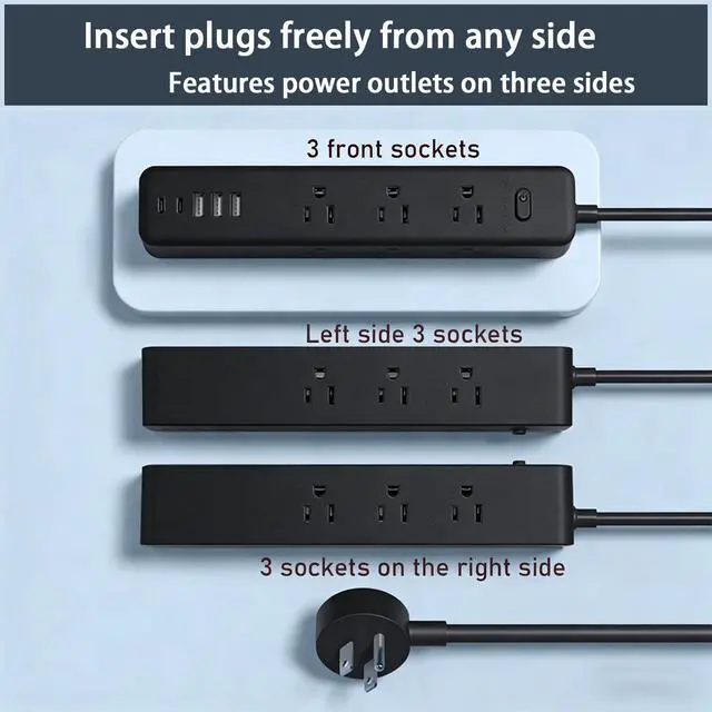 Alt view image 2 of 7 - Surge Protector Power Strip5ft 9 Widely Spaced Outlets, 3 USB A & 2 USB C Ports, Flat Plug Long Extension Cord for Travel Home Office Entertainment, Black