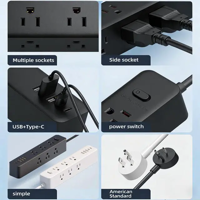 Alt view image 4 of 7 - Surge Protector Power Strip5ft 9 Widely Spaced Outlets, 3 USB A & 2 USB C Ports, Flat Plug Long Extension Cord for Travel Home Office Entertainment, Black