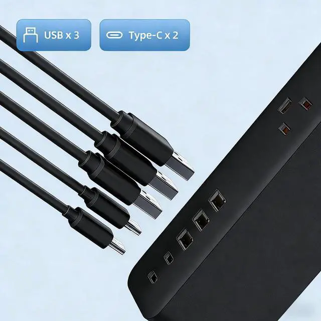 Alt view image 3 of 7 - Surge Protector Power Strip5ft 9 Widely Spaced Outlets, 3 USB A & 2 USB C Ports, Flat Plug Long Extension Cord for Travel Home Office Entertainment, Black