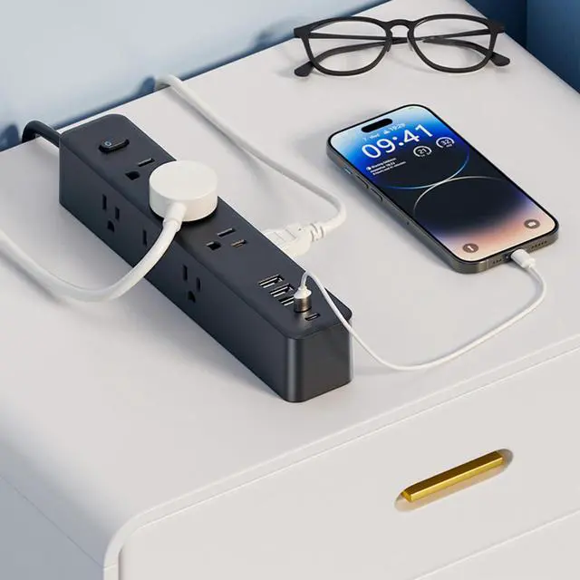 Alt view image 6 of 7 - Surge Protector Power Strip5ft 9 Widely Spaced Outlets, 3 USB A & 2 USB C Ports, Flat Plug Long Extension Cord for Travel Home Office Entertainment, Black