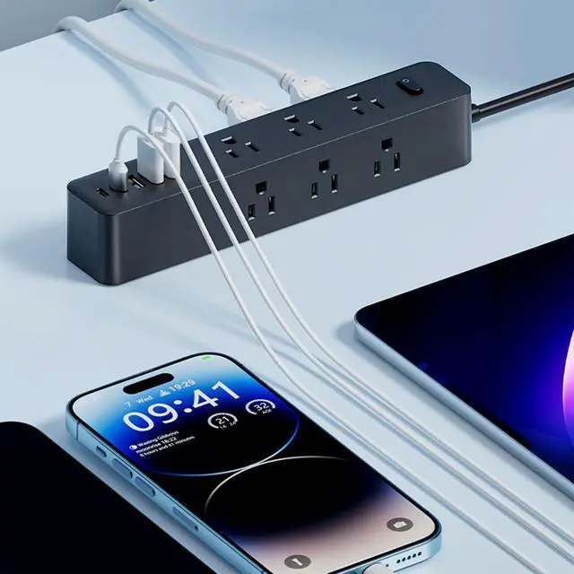 Alt view image 7 of 7 - Surge Protector Power Strip5ft 9 Widely Spaced Outlets, 3 USB A & 2 USB C Ports, Flat Plug Long Extension Cord for Travel Home Office Entertainment, Black