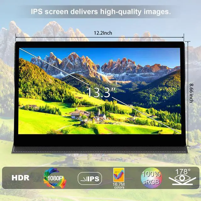 Alt view image 3 of 7 - 13.3" Touchscreen Portable Monitor, 1080P FHD IPS Display, USB-C & HDMI Plug-and-Play, Dual Speakers, Smart Cover & VESA Mount, External Monitor for Laptop, PC, Smartphone & Game Consoles