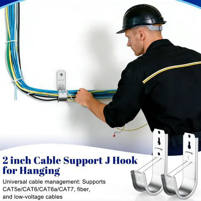 Alt view image 2 of 7 - 50 Pack 2 Inch J Hook Wall Mount J Hook with Retainer Clip | Galvanized Steel Wall Cable Hooks Smooth Round Edge J Hook for Hanging Wire Cable Management & Organization Solution