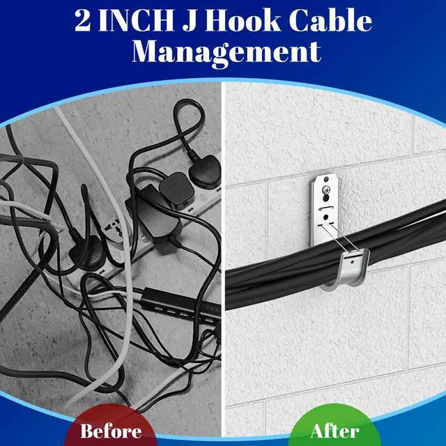Alt view image 3 of 7 - 50 Pack 2 Inch J Hook Wall Mount J Hook with Retainer Clip | Galvanized Steel Wall Cable Hooks Smooth Round Edge J Hook for Hanging Wire Cable Management & Organization Solution