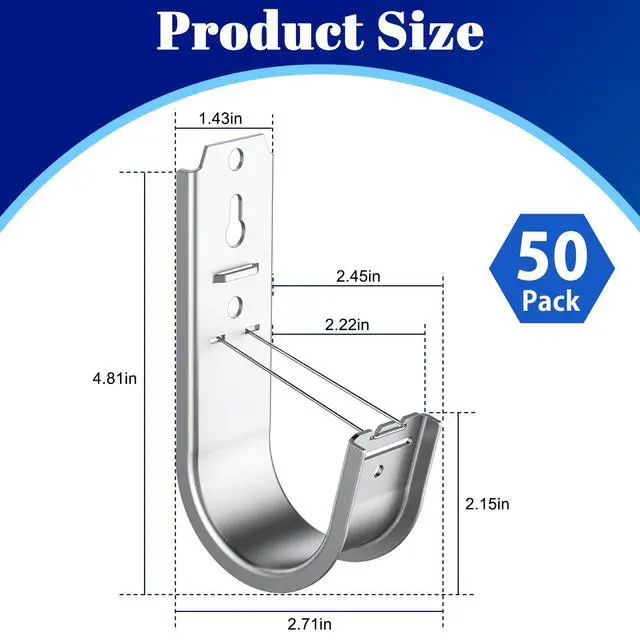 Alt view image 6 of 7 - 50 Pack 2 Inch J Hook Wall Mount J Hook with Retainer Clip | Galvanized Steel Wall Cable Hooks Smooth Round Edge J Hook for Hanging Wire Cable Management & Organization Solution