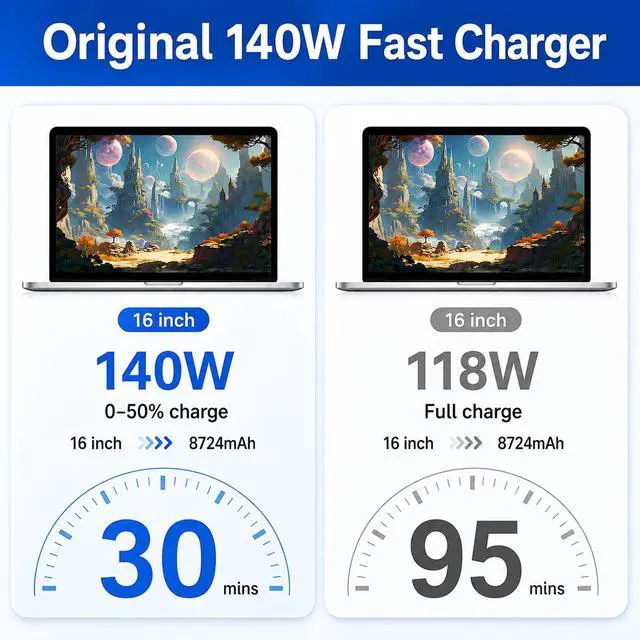 Alt view image 3 of 7 - 140W Mac Book Pro Charger, Original Quality USB C Super Fast Charger Cable Compatible with MacBook Pro/Air 16 14 Inch, M1 M2 M3 M4/ipad Pro/Samsung Galaxy and All USB C Device