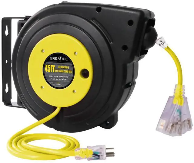 Main image of 45 Ft Retractable Extension Cord Reel, 12 AWG/3C SJTOW Heavy Duty Power Cord with 3 Electrical Outlets, 15 AMP Circuit Breaker, Lighted Triple Tap, Ceiling or Wall Mount, UL Listed