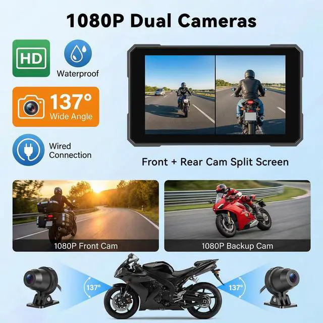 Alt view image 2 of 7 - Motorcycle CarPlay Screen with HD 1080P Dual Dash Cam Wireless CarPlay Android Auto Screen for Motorcycle TPMS Pantalla para Moto 5 IP67 Waterproof Touchscreen, Bluetooth, GPS, Voice Control