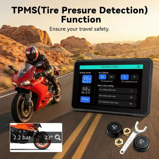 Alt view image 5 of 7 - Motorcycle CarPlay Screen with HD 1080P Dual Dash Cam Wireless CarPlay Android Auto Screen for Motorcycle TPMS Pantalla para Moto 5 IP67 Waterproof Touchscreen, Bluetooth, GPS, Voice Control