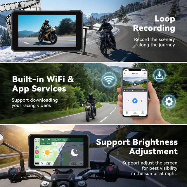 Alt view image 4 of 7 - Motorcycle CarPlay Screen with HD 1080P Dual Dash Cam Wireless CarPlay Android Auto Screen for Motorcycle TPMS Pantalla para Moto 5 IP67 Waterproof Touchscreen, Bluetooth, GPS, Voice Control