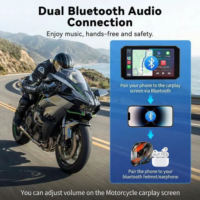 Alt view image 6 of 7 - Motorcycle CarPlay Screen with HD 1080P Dual Dash Cam Wireless CarPlay Android Auto Screen for Motorcycle TPMS Pantalla para Moto 5 IP67 Waterproof Touchscreen, Bluetooth, GPS, Voice Control