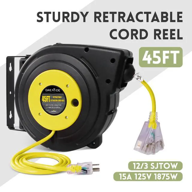 Alt view image 2 of 6 - 45 Ft Retractable Extension Cord Reel, 12 AWG/3C SJTOW Heavy Duty Power Cord with 3 Electrical Outlets, 15 AMP Circuit Breaker, Lighted Triple Tap, Ceiling or Wall Mount, UL Listed
