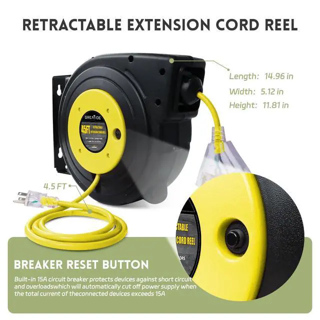 Alt view image 5 of 6 - 45 Ft Retractable Extension Cord Reel, 12 AWG/3C SJTOW Heavy Duty Power Cord with 3 Electrical Outlets, 15 AMP Circuit Breaker, Lighted Triple Tap, Ceiling or Wall Mount, UL Listed
