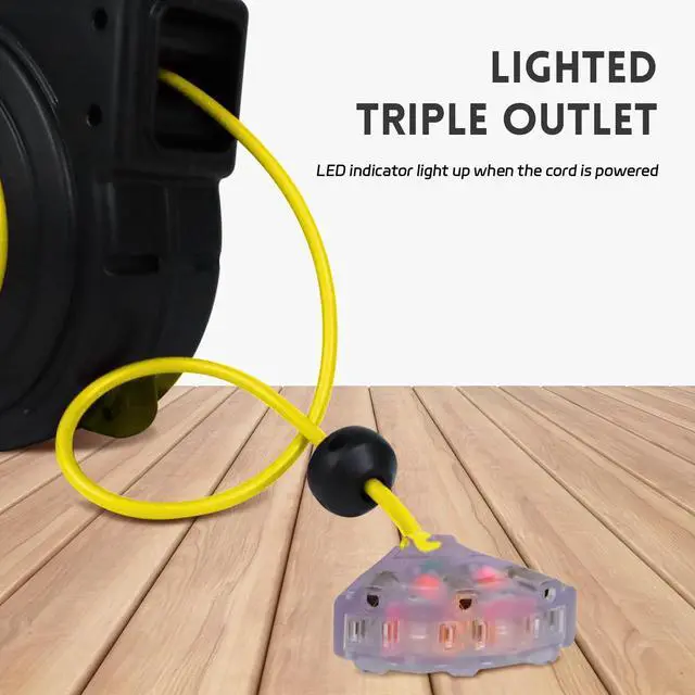 Alt view image 4 of 6 - 45 Ft Retractable Extension Cord Reel, 12 AWG/3C SJTOW Heavy Duty Power Cord with 3 Electrical Outlets, 15 AMP Circuit Breaker, Lighted Triple Tap, Ceiling or Wall Mount, UL Listed