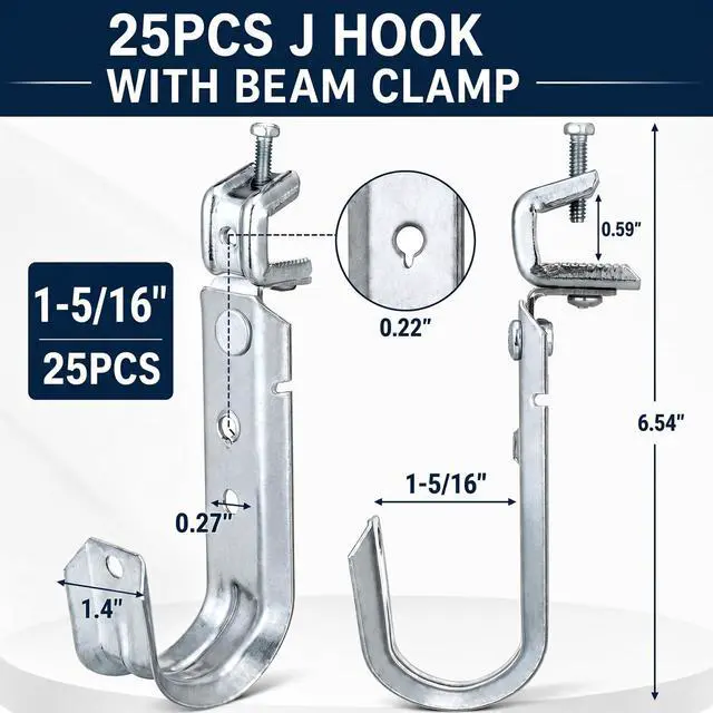 Alt view image 2 of 6 - 25 Pack Cable Support J Hook with Beam Clamp,1-5/16 Inch | Heavy Duty Metal Wire Cable Support J Hook Hangers for Wire Management