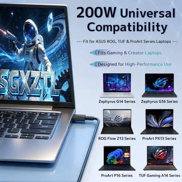 Alt view image 3 of 7 - 200W ADP-200JB K Charger Compatible with ASUS Laptop ROG Zephyrus G16 G14 | Adapter 2025 GU603 GU605 GA402 GA403 Flow Z13 GZ302 TUF A14 FA401 ProArt P16 PX13 20V 10A Power Supply Cord | Rectangle Conn