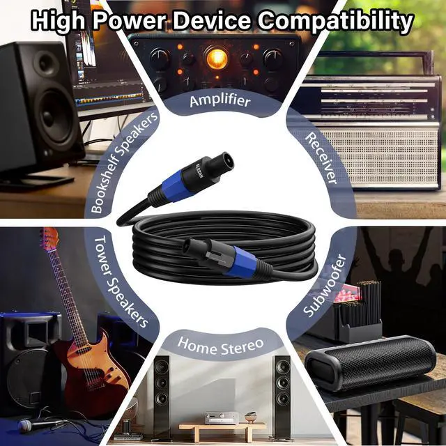 Alt view image 6 of 6 - Professional Male Speakon to Speakon Cable 4 Ft/2 Pack, 12AWG Heavy-Duty High Power Audio Cord DJ/PA Amplifier Speaker Cable Wire with Twist Lock, 9.5mm OD, Black +Ties