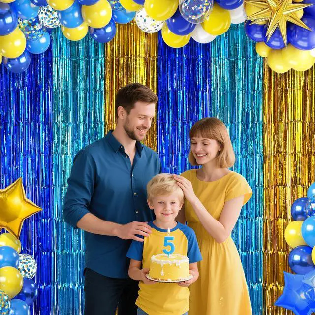 Alt view image 2 of 6 - Blue Gold Foil Fringe Curtains Graduation Backdrop Party Decorations, 2 Pack 3.2x6.6ft Navy Blue Yellow Tinsel Banner Background Door Streamers for Retirement, Cartoon Birthday Party Decorations