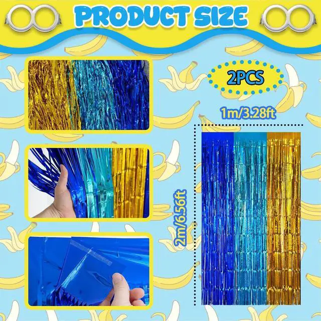 Alt view image 3 of 6 - Blue Gold Foil Fringe Curtains Graduation Backdrop Party Decorations, 2 Pack 3.2x6.6ft Navy Blue Yellow Tinsel Banner Background Door Streamers for Retirement, Cartoon Birthday Party Decorations
