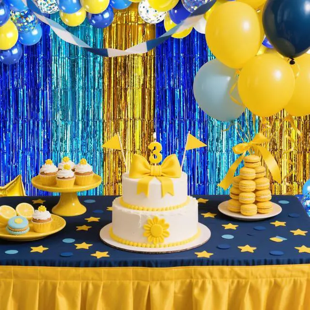 Alt view image 5 of 6 - Blue Gold Foil Fringe Curtains Graduation Backdrop Party Decorations, 2 Pack 3.2x6.6ft Navy Blue Yellow Tinsel Banner Background Door Streamers for Retirement, Cartoon Birthday Party Decorations