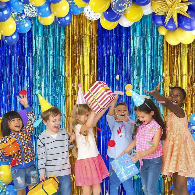 Alt view image 4 of 6 - Blue Gold Foil Fringe Curtains Graduation Backdrop Party Decorations, 2 Pack 3.2x6.6ft Navy Blue Yellow Tinsel Banner Background Door Streamers for Retirement, Cartoon Birthday Party Decorations