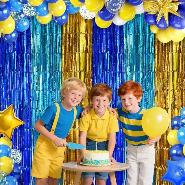 Alt view image 6 of 6 - Blue Gold Foil Fringe Curtains Graduation Backdrop Party Decorations, 2 Pack 3.2x6.6ft Navy Blue Yellow Tinsel Banner Background Door Streamers for Retirement, Cartoon Birthday Party Decorations
