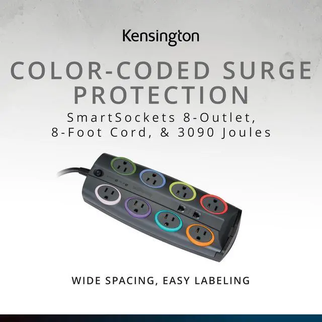 Alt view image 2 of 6 - SmartSockets 8-Outlet, 8-Foot Cord, & 3090 Joules Premium Surge Protector (K62691NA) Gray