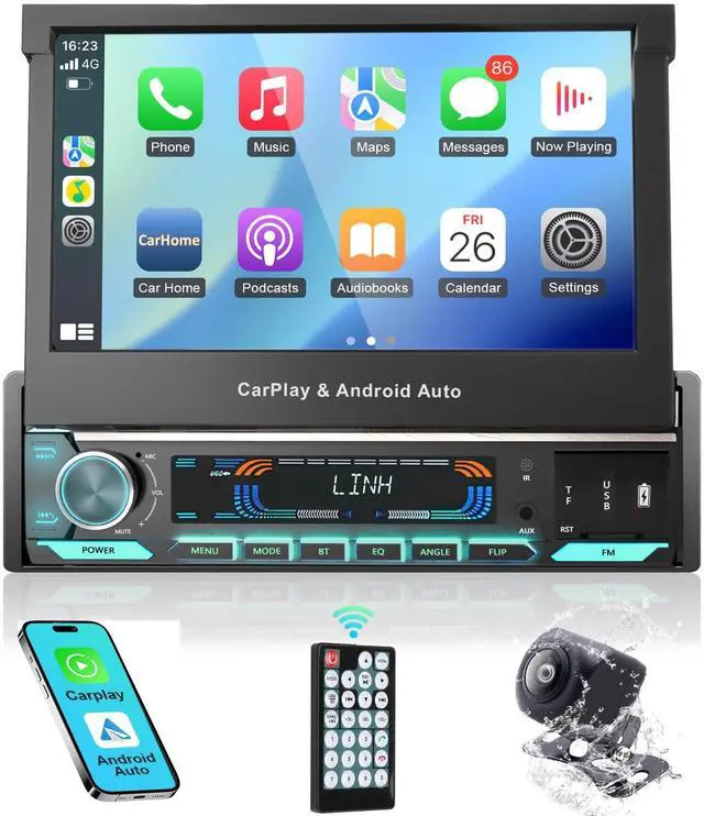 Main image of Single Din Car Stereo with Wireless Apple CarPlay & Android Auto - 7 Inch Motorized Flip Out Touchscreen Bluetooth 5.1 Car Radio | Backup Camera/Mirror Link/USB/AUX/AM/FM/Subwoofer/DSP